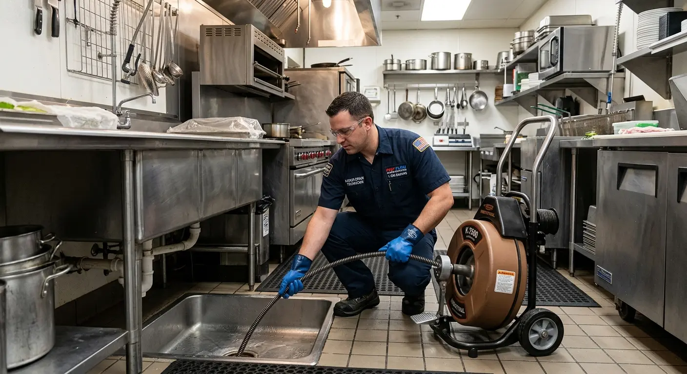 Commercial drain cleaning service in a restaurant kitchen in Holly Springs