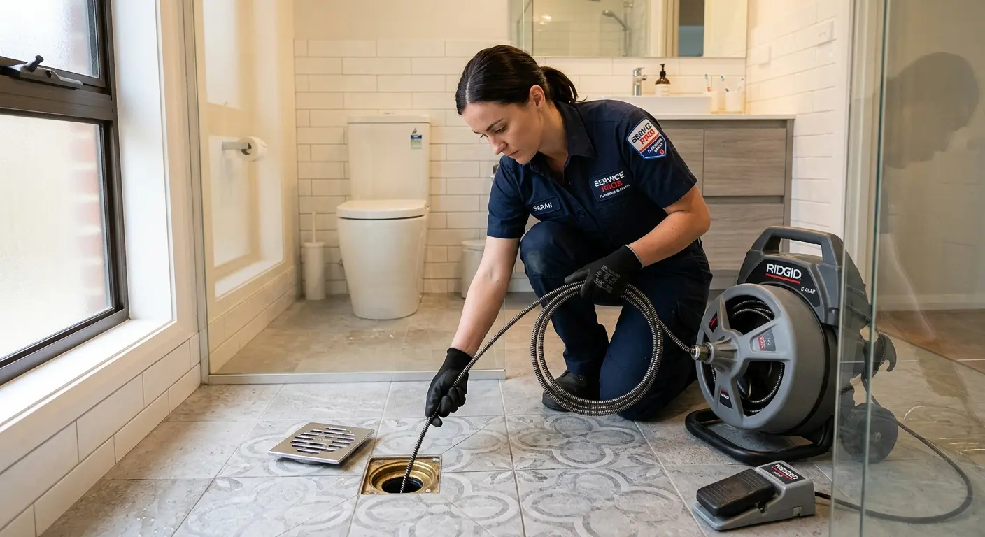Technician clearing a bathroom floor drain for Clogged Drain Repair in Holly Springs